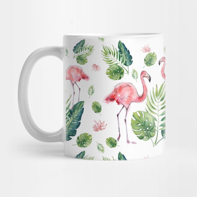 Elegant Pink Flamingo Tropical Leaves Pattern by in_pictures